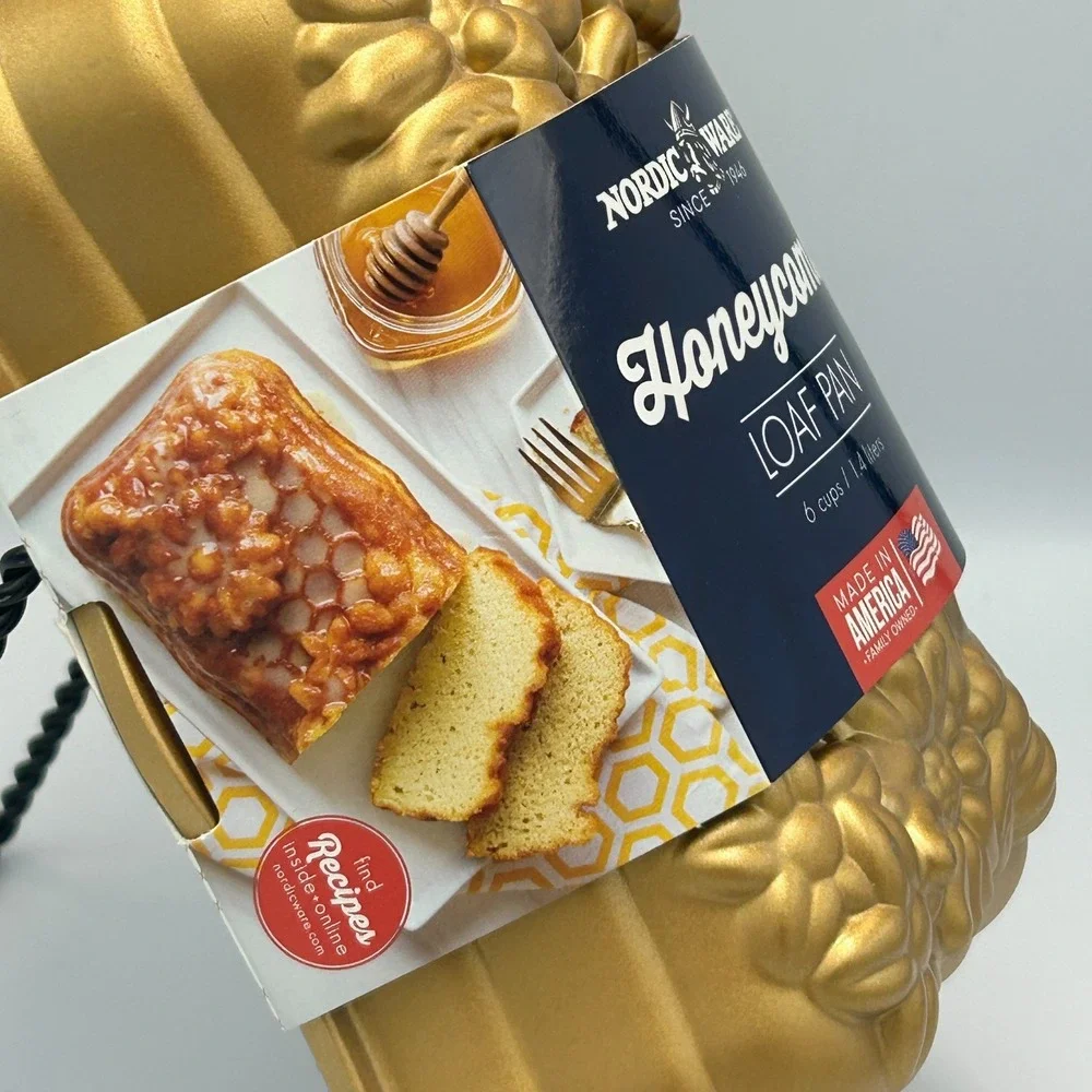 Nordic Ware Loaf Pan Honeycomb Bees Flowers Bunt Cake Cast Aluminum Gold New NWT